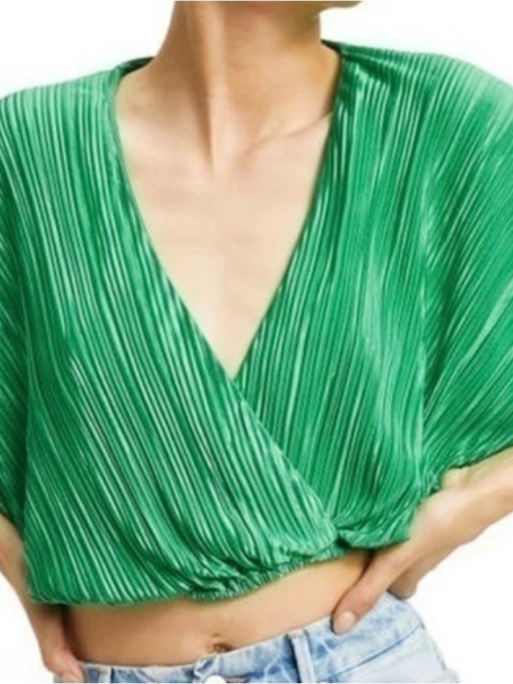 Good American Green Pleated V-Neck Crop Top